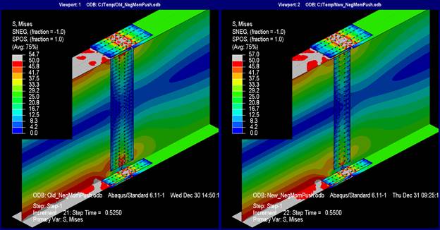 This illustration shows the Mises stresses are pure negative M subscript u. The Mises stresses are indistinguishable between the models designed with the new and current splice design philosophies. The stresses in the top and bottom flanges of the left girder have exceeded yield, while in the right girder, they are approximately 25 ksi. In both girder sections, the mid-depth of the webs are at a stress of 0 ksi. Both the top and bottom flange splice plates have exceeded yield at the point of the splice. The web splice plates at their top and bottom extremes are nearly at yield.