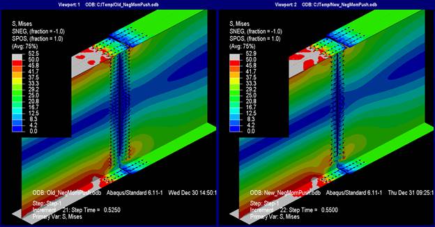 This illustration shows the Mises stresses at pure negative M subscript u where the splice plates are not shown. The Mises stresses are indistinguishable between the models designed with the new and current splice design philosophies. The stresses in the top and bottom flanges of the left girder have exceeded yield, while in the right girder, they are approximately 
25 ksi. In both girder sections, the mid-depth of the webs are at a stress of 0 ksi. Both top and bottom flange splice plates have exceeded yield at the point of the splice. The web splice plates at their top and bottom extremes are nearly at yield. Without the splice plates in the view, it can be seen that any yielding in the girders does not extend into the bolt patterns beneath the splice plates. The stresses within the fastener pattern of the girder sections linearly decrease from the lead fasteners to 0 ksi stress at the free edges of the girders.