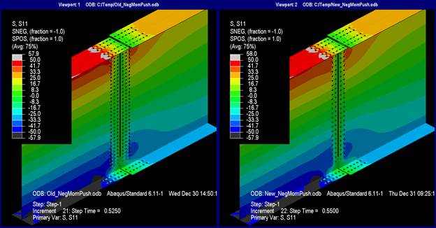 This illustration shows longitudinal stresses at pure negative M subscript u where splice plates are not shown. The longitudinal stresses are indistinguishable between the models designed with either the current or new methods. In both cases, the top flange of the left girder exceeds 50 ksi at the edge of the flange splice, and the remainder of the top flange is nearly at 50 ksi. The bottom flange of the left girder mostly exceeds -50 ksi. As for the right girder, the top flange stresses are between 25 and 33.3 ksi, and the bottom flange is between -25 and -33.3 ksi. The stress in the web varies linearly and reaches 0 ksi at the mid-depth. The top and bottom flange splice plates exceed yield at the location of the splice. The web splice plates are nearly at 50 ksi at the top and nearly at -50 ksi at the bottom. Without the splice plates in the view, it can be seen that any yielding in the girders does not extend into the bolt patterns beneath the splice plates. The stresses within the fastener pattern of the girder sections linearly decrease from the lead fasteners to 0 ksi stress at the free edges of the girders.