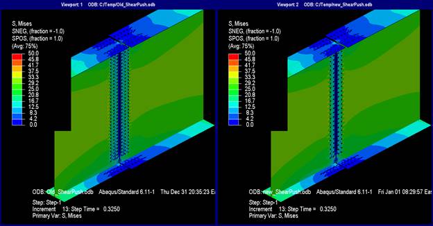 This illustration shows the Mises stresses at V subscript u where the splice plates are not shown. The Mises stress patterns in both designed scenarios for the current and new methods are indistinguishable, and no parts of the models are at yield. Without the splice plates in view, it can be seen that the stress patterns in the girder covered by the splice plates only show a linear degradation of stress from the lead fastener in the direction of force to the actual free edge of the splice within each girder.