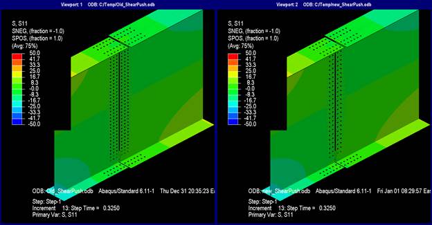 This illustration shows the longitudinal stresses at V subscript u where the splice plates are not shown. The longitudinal stress patterns in each of the scenarios for both the current and new methods are indistinguishable between the two design methods. In the region of the bolted splice, there are no longitudinal stresses. Without the splice plates in the view, it can be seen that there are no longitudinal stresses in the girder fastener pattern covered by the splice plates.