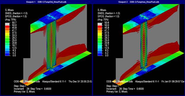 This illustration shows the Mises stresses at step 26. The two contour plots between the models are indistinguishable. The Mises stresses in the top and bottom flanges are symmetric, and, at the actual splice, the flange stresses are nearly 0 ksi. The flange splice plates at the gross section of the splice have stresses ranging from 12.5 to 25 ksi. Most of the web on both the left and right girders has stress in excess of 50 ksi. The web splice plates have reached nearly 50 ksi at the gross spliced section for nearly the full depth of the plate.