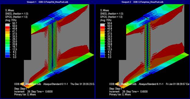 This illustration shows the Mises stresses at step 26 where the splice plates are not shown. The two contour plots between the models are indistinguishable. The Mises stresses in the top and bottom flanges are symmetric, and, at the actual splice, the flange stresses are nearly 0 ksi. The flange splice plates at the gross section of the splice have stresses ranging from 12.5 to 25 ksi. Most of the web on both the left and right girders has stress in excess of 50 ksi. The web splice plates have reached nearly 50 ksi at the gross spliced section for nearly the full depth of the plate. Without the splice plates in the view, it can be seen that the stress patterns in the girder covered by the splice plates only show a linear degradation of stress from the lead fastener in the direction of force to the actual free edge of the splice within each girder.