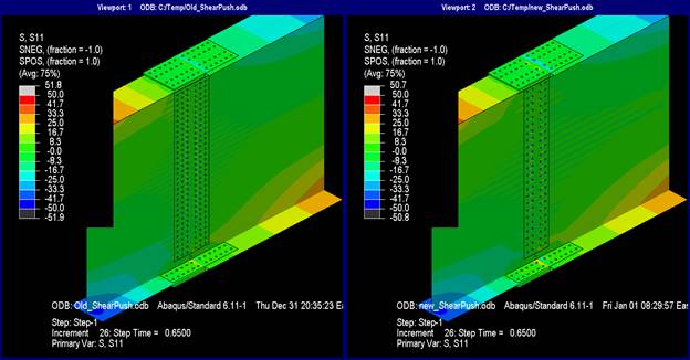 This illustration shows the longitudinal stresses at step 26. The longitudinal stresses are indistinguishable between the models designed with the current and new methods. The stresses are nearly 0 ksi in the entire web and web splice. The top flange stresses change from tension in the left girder to compression in the right girder with splice location being approximately at 0 ksi of stress. However, the top flange outer splice plate gross section stress is between -8.3 and -16.7 ksi. The bottom flange stresses transition from compression in the left girder to tension in the right girder with the splice section being approximately at 0 ksi of stress. However, the bottom flange inner splice plate gross section has stress between 8.3 and 16.7 ksi.