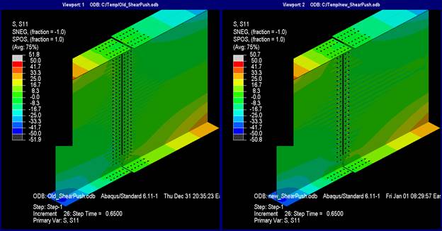 This illustration shows the longitudinal stresses at step 26 where the splice plates are not shown. The longitudinal stresses are indistinguishable between the models designed with the current and new methods. The stresses are nearly 0 ksi in the entire web and web splice. The top flange stresses change from tension in the left girder to compression in the right girder with splice location being approximately at 0 ksi of stress. However, the top flange outer splice plate gross section stress is between -8.3 and -16.7 ksi. The bottom flange stresses transition from compression in the left girder to tension in the right girder with the splice section being approximately at 0 ksi of stress. However, the bottom flange inner splice plate gross section has stress between 8.3 and 16.7 ksi. Without the splice plates in the view, it can be seen that the stress patterns in the girder covered by the splice plates only show a state of zero stress.