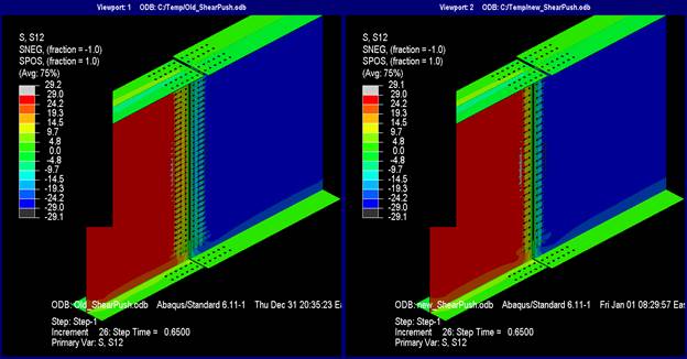 This illustration shows the shear stresses at step 26 where the splice plates are not shown. The stress contours presented for each model for both the current and new methods have indistinguishable differences. Both models show the top and bottom flanges and their associated splice plates at nearly 0 ksi. The web of the left girder has stresses between 24.2 and 29 ksi. The web of the right girder has stresses ranging from -24.2 to -29 ksi. The web splice plate gross section has stress ranging from -24.2 to 29 ksi. Without the splice plates in the view, it can be seen that the stress patterns in the girder covered by the splice plates only show a linear degradation of stress in the webs from the lead fastener in the direction of force to the actual free edge of the web in each girder.