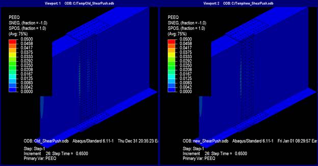 This illustration shows plastic strain equivalent (PEEQ) at step 26 plotted with maximum of 0.05. Both models show almost no plastic strain. In the model designed with the current method, the central portion of the left girder web where it intersects the web splice plate appears to have plastic strains around 1 percent. Plastic strains in the web splice plate bridging the gross section between bolt holes also appear to be about 1 percent. In the model designed with the new method, plastic strain is the same as with the current method except that no identifiable strain is seen in the web splice plate.