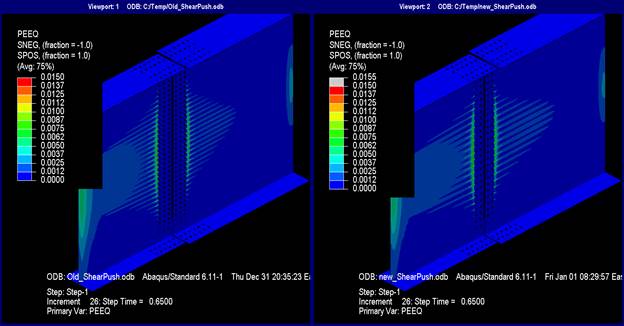 This illustration shows plastic strain equivalent (PEEQ) at step 26 plotted with maximum of 0.015 with splice plates not shown. Both models show almost no plastic strain. In the model designed with the current method, the central portion of the left girder web where it intersects the web splice plate appears to have plastic strains around 0.75 percent. Plastic strains in the web splice plate bridging the gross section between bolt holes also appear to be about 0.75 percent. In the model designed with the new method, plastic strain is the same as with the current method except that no identifiable strain is seen in the web splice plate. Without the splice plates in the view, it can be seen that there is no plastic strain in the girders beneath the splice plates.