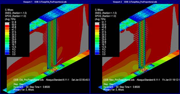 This illustration shows the Mises stresses at step 34 where the deck is not shown. The stress patterns in the models using the current and new methods are indistinguishable from each other. In each model, the upper half of the left girder web is nearing or has exceed the yield stress, whereas in the right girder, the entire web is nearing the yield stress. The top flange splice plates have stresses ranging from 0 to 16.7 ksi. The lower flange splice plate stresses range exceeds yield in their net section, but the gross section ranges from 41.7 to 50 ksi. The web splice plates have stress in their gross section between 37.5 and 50 ksi over the entire depth.