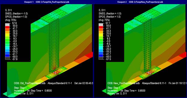 This illustration shows the longitudinal stresses at step 34 where the deck is not shown. The longitudinal stress patterns are identical between the two models. The top flange stresses range from 0 to -16.7 ksi, and the splice plate gross section stress ranges from -8.3 to -16.7 ksi. The bottom flange stresses vary from left to right across both girders from -16.7 to 50 ksi, although in the vicinity of the splice plates, the stress ranges from 25 to 33.3 ksi. The gross section of the bottom flange splice plate stress ranges from 41.7 to 50 ksi, although the net section does have some yielding. The web splice plate linearly increases in stress from 0 ksi at the top to a maximum 50 ksi at the bottom.