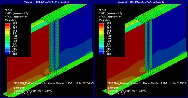 This illustration shows the shear stresses at step 34 where the deck is not shown. The shear stress patterns are identical between the two models using the current and new methods. Both top and bottom flanges and their associated splice plates are at nearly at 0 ksi. The upper two-thirds of the left girder web has stresses ranging from 24.2 to 29 ksi, and the lower third has stresses ranging from 19.3 to 14.5 ksi. The upper two-thirds of the right girder web has stresses ranging from -24.2 to -29 ksi, and the lower third has stresses ranging from -19.3 to -24.2 ksi. The web splice plate gross section has uniformly distributed stresses ranging between -24.2 and -29 ksi.