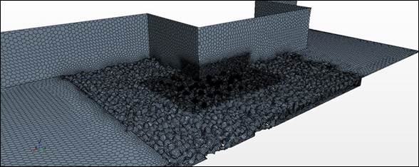 Figure 15. Graphics. Rock layout in the CFD model. This graphic shows the CFD mesh of the left abutment (looking downstream), the vertical channel wall, and the riprap apron as viewed from above. Figure 15-A. Graphic. Broad perspective. The broad perspective shows the entire abutment and riprap apron.