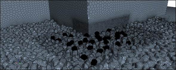 Figure 15-B. Graphic. Medium perspective. With the medium perspective, the view is zoomed-in closer to reveal the coarser mesh on the abutment and channel wall. This perspective shows darker rocks that are movable and lighter rocks that are stationary.