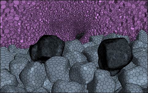 Figure 33. Graphic. Cross-section through the subregion used in the FSI computations. This graphic is zoomed in on the detailed mesh around the rocks at the base of pier 3.