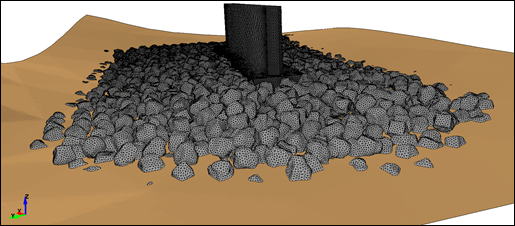 Figure 36. Graphic. Geometry of the riprap used in the CFD model. This graphic shows the model mesh and rock apron around pier 3 intended to represent the riprap design.