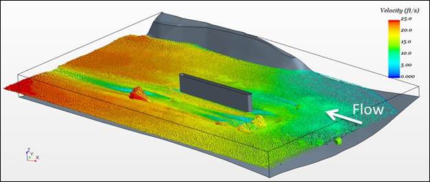 Figure 45. Graphic. Velocity vectors on the plane just above the rocks. This graphic is a close-up of the modeling domain near the pier just above the rocks. The velocities upstream or lower than downstream as is true at other water surface elevations. Notable in this figure is the appearance of some of the rocks protruding from the apron and the higher velocities around these rocks.