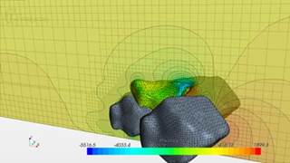 Figure 54. Schematics. Stages in the coupled simulation for water induced rock motion. This schematic shows a time series of three panels. Figure 54-A. Schematic. Initial. In the first panel a movable rock is shown resting on two stationary rocks.