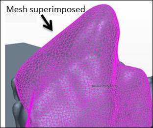 Figure 55. Graphic. Rock representation with feature curves created on all edges of the mesh. On the left of this graphic is a close-up of a modeled rock showing the variability and complexity of its shape and edges. On the right, the CFD mesh is overlain on the rock showing how feature curves preserve the complexity of the rock shape by explicitly defining the edges.