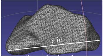 Figure 56. Graphic. Surface triangulated representation of a rock. This graphic shows the detail of the surface triangulation. The long dimension of the rock is approximately 9 inches. 1 inch equals 25.4 millimeters.