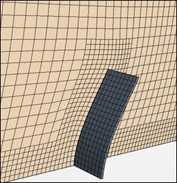 Figure 63-B. Schematic. LS-DYNA coupling. This schematic shows the same plate bending with the morphing of rectangular mesh elements with LS-DYNA.