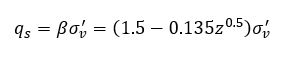 q sub s is equal to the product beta and sigma prime sub v which is also equal to sigma prima sub v times the quantity 1.5 minus 0.135 times z raised to the power of 0.5.