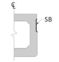 This illustration shows a conventionally grouted connection, which is taller and narrower in comparison to the ultra-high performance concrete connection. Only half of the beam is shown, and it is divided on the centerline (labeled as “CL”) of the beam that divides the beam cross section into two equal halves. The tall and narrow connection pocket is located in the upper right hand corner of the beam and only comprises of about one-third of the total height of the beam. The surface of this pocket is shaded and labeled as “SB,” indicating that the surface of the pocket has a sandblasted finish.