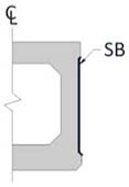 This illustration shows the conventionally grouted connection, which has a uniform narrow thickness through the entire height of the beam. Only half of the beam is shown, and it is divided on the centerline (labeled as “CL”) of the beam that divides the beam cross section into two equal halves. The surface of the pocket is shaded and labeled as “SB,” indicating that the surface of the pocket has a sandblasted finish.