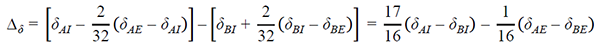 Uppercase delta subscript lowercase delta equals open bracket lowercase delta subscript AI minus the fraction 2 divided by 32 all multiplied by open parenthesis lowercase delta subscript AE minus lowercase delta subscript AI closed parenthesis closed bracket minus open bracket lowercase delta subscript BI plus the fraction 2 divided by 32 all multiplied by open parenthesis lowercase delta subscript BI minus lowercase delta subscript BE closed parenthesis closed bracket, which equals the fraction 17 divided by 16 all multiplied by open parenthesis lowercase delta subscript AI minus lowercase delta subscript BI closed parenthesis minus the fraction 1 divided by 16 all multiplied by open parenthesis lowercase delta subscript AE minus lowercase delta subscript BE closed parenthesis.