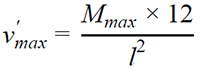 v prime subscript max equals M subscript max times 12 all divided by l squared.