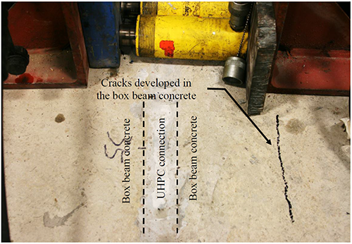This photo shows the ultra-high performance concrete (UHPC) connection after trying to mechanically crack the connection using the same method used with the conventionally grouted connection, wherein a static actuator applies force to transversely push apart the beams. Rather than a crack developing on the connection interface, one instead developed in one of the box beams about 8 inches (203 mm) from the connection.