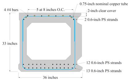 This illustration shows the arrangement of copper tubing, which carries the steam for the thermal cycling. The overall cross section of the box beam is 33 inches (838 mm) tall and 36 inches (914 mm) wide. There are five 0.75-inch (19.05-mm) copper tubes running the length of the beam located 8 inches (203 mm) on the center (labeled as “O.C.”) in the top flange of the beam with the four #4 rebar reinforcement (M13 rebar). There are three levels of prestressing strands in the beam. The bottom flange has two layers of 0.6-inch prestressing (PS) strands. The bottom layer of the bottom flange has 13 0.6-inch (15.24-mm) PS strands, and the top layer of the bottom flange has 12 0.6-inch (15.24-mm) PS strands. The top flange also has one layer of two 0.6-inch (15.24-mm) PS strands. The figure also shows the confinement reinforcement included in the beam indicated as two blue U-shaped lines, one in the bottom flange and one inverted in the top flange.