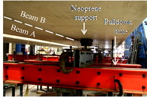 This photo highlights in-span supports that reduce in-span deflections of one beam. This consists of a neoprene support near the connection between the two beams and a pulldown force applied by a threaded rod toward the outside of the same beam. The other beam, shown to the left, is not supported or held down at this location.