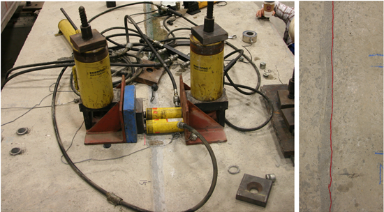 Figure 6. Photos. Mechanical cracking of the partial-depth conventionally grouted connection, including cracking setup and cracked connection. This figure comprises two subfigures that show the mechanical cracking of the partial-depth conventionally grouted connection, including cracking setup and the cracked connection. The subfigures are labeled from left to right as follows: (a) cracking setup and (b) cracked connection. A description of each subfigure is provided in the following two subcaptions.