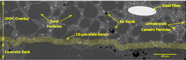 Figure 29. This figure illustrates one of the composite scanning electron microscope (SEM) micrographs used for microstructural analysis. The image identifies the concrete deck, the UHPC overlay, interface region, sand particles, air voids, steel fibers, and unhydrated cement particles. The image is shown to have a scale bar measuring 500 microns (μm). The image also illustrates the 10-μm-wide bands used to determine constituents in close proximity to the UHPC-concrete interface.