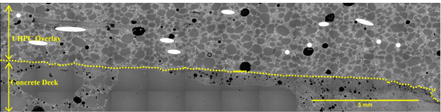 Figure 39. This figure shows an electron microscope image that depicts the interface between the UHPC overlay and the existing deck concrete. The image has a scale bar in the bottom righthand corner measuring 5 mm. The image shows a sound interface with close physical contact between the hydrated phase of UHPC and the existing concrete deck substrate.