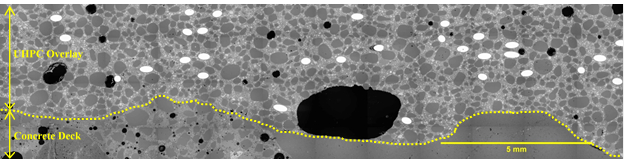 Figure 43. This figure shows an electron microscope image that depicts the interface between the UHPC overlay and the existing deck concrete. The image has a scale bar in the bottom righthand corner measuring 5 mm. The image shows a sound interface with close physical contact between the hydrated phase of UHPC and the existing concrete deck substrate. Further, the existing deck scarification can be observed by the “peaks” and “valleys” traced by a dotted line.