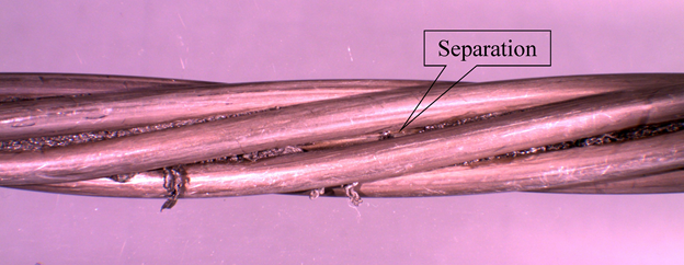 This photo is a closeup view of an unsheathed strand running horizontally across the photo. The wires are helically wrapped so they angle slightly from lower left to upper right. At the center of the strand, two neighboring strands have a visible separation, and an annotation points to this area called “Separation.”