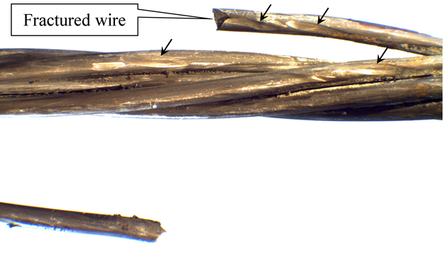 This is a closeup photo of an unsheathed strand oriented horizontally. The wires are helically wrapped with a slight angle from the lower left to upper right. One wire has fractured angled upward on the right side and downward on the left side. In numerous locations on multiple wires, impact marks are highlighted with black arrows showing the place where wires have impressed gouges into other wires. An annotation points to the upper &ldquo;Fractured wire&rdquo; that has originated from an impact mark.