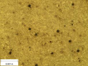 A scale bar is provided in the picture showing a dimension of 0.001 inch, and therefore the field of view is approximately 0.005 inch wide and 0.0038 inch tall. The image comprises two types of microstructures: light and dark. Both microstructures appear to be randomly distributed through the image and have grain sizes on the order of 0.0002 inch. The image also contains a random distribution of round inclusions, also around 0.0002 inch. The grain boundaries have started to become muted and less defined.