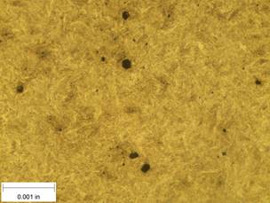 A scale bar is provided in the picture showing a dimension of 0.001 inch, and therefore the field of view is approximately 0.005 inch wide and 0.0038 inch tall. The image comprises two types of microstructures: light and dark. Both microstructures appear to be randomly distributed through the image and have grain sizes on the order of 0.0002 inch. The image also contains a random distribution of round inclusions, also around 0.0002 inch. The grain boundaries have started to become muted and less defined.