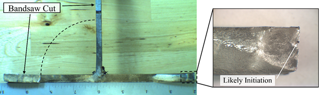 This figure shows two side-by-side photos of a fracture surface. The photo on the left shows the entire width of the flange and a portion of the web. The entire right side of the flange has fractured, and the left side is mostly fractured. The left flange tip was intact but shown to be bandsaw cut up to the fracture surface. A dotted line arc is drawn atop the photo with its center located at the web-to-flange intersection and one end at the end of the fracture in the left side of the flange. The dotted line arc sweeps upward and to the right and intersecting the web, approximately at the termination of the fracture surface in the web. A black dotted line box is drawn around the right flange tip. This box is correlated to a magnified photo of the right flange tip shown on the right side of the figure. An arrow points to a location of a sharp notch on the flange tip at approximately the midthickness of the flange; it is labeled “Likely Initiation.”