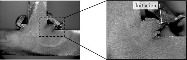 This figure shows two side-by-side photos of a fracture surface. The photo on the left shows a view of the fracture surface focusing in on the region near the web-to-flange weld. The field of view is about four flange thicknesses wide and three thicknesses tall. A black dotted line box is drawn around a region defined by the midplane of the web, midplane of the flange, and extending outward to the tip of the right-handed weld flash. This box is approximately one flange thickness in width and height. The dotted line box defines a region of interest that is zoomed in about and shown in the photo on the right, which shows there are beach marks originating from the tip of the weld flash and emanating into the weld. The tip of the weld flash has been annotated as “Initiation.”