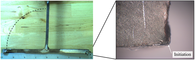 This figure shows two side-by-side photos of a fracture surface. The photo on the left shows the entire width of the flange and a portion of the web. The entire right side of the flange has fractured, and the left side is mostly fractured. The left flange tip was intact but ductilely fractured from purposeful overload. A dotted line arc is drawn atop the photo with its center located at the web-to-flange intersection and one end at the end of the fracture in the left side of the flange fatigue surface. The dotted line arc sweeps upward and to the right and intersecting the web, approximately at the termination of the fatigue fracture surface in the web. A black dotted line box is drawn around the right flange tip. This box is correlated to a magnified photo of the right flange tip shown on the right side of the figure. An arrow points to the lower tip of the flange, and a river pattern can be seen emanating from this point toward the middle of the flange thickness. An annotated arrow points to this lower flange tip and is labeled “Initiation.”
