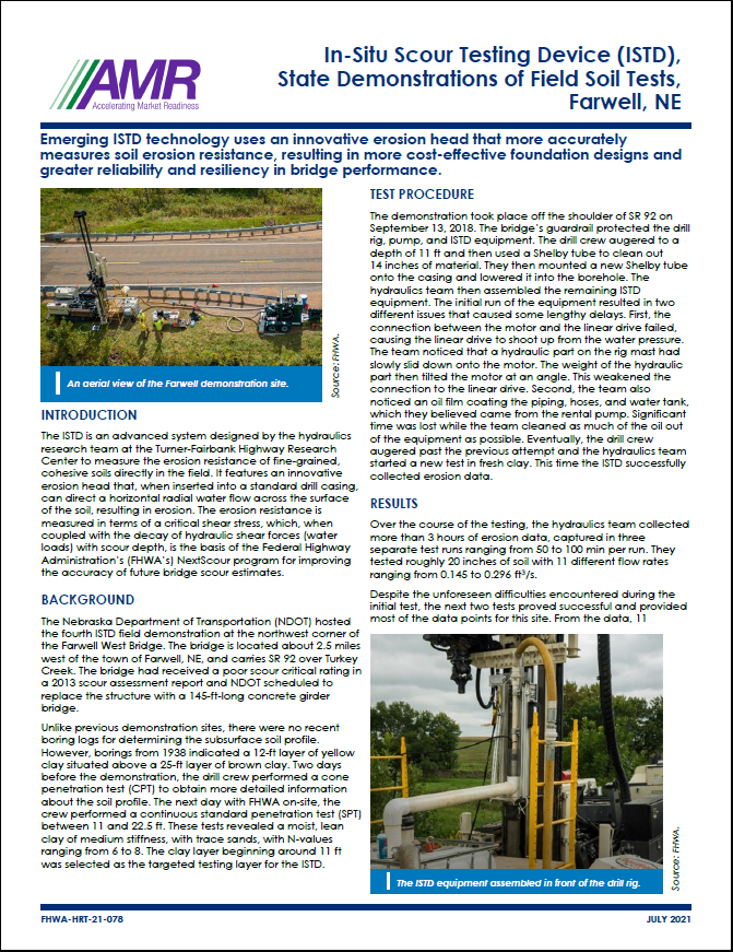 In-Situ Scour Testing Device (ISTD), State Demonstrations of Field Soil Tests in Farwell, NE, FHWA-HRT-21-078