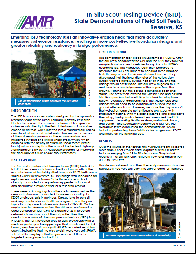 In-Situ Scour Testing Device (ISTD), State Demonstrations of Field Soil Tests, Reserve, KS, FHWA-HRT-21-079