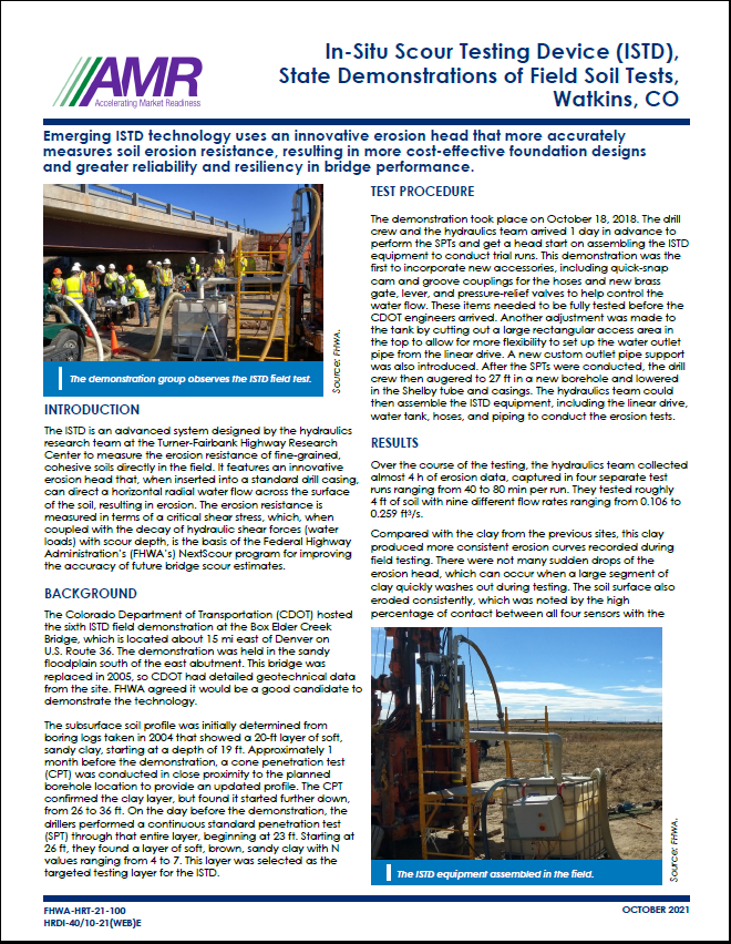 In-Situ Scour Testing Device (ISTD), State Demonstrations of Field Soil Tests, Watkins, CO