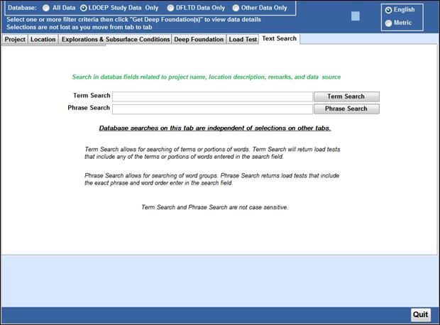 Figure 9. Text Search tab. Image of the Text Search tab. There are two text boxes; one for Term Search and one for Phrase Search. To the right of each text box is a button to perform that search. 