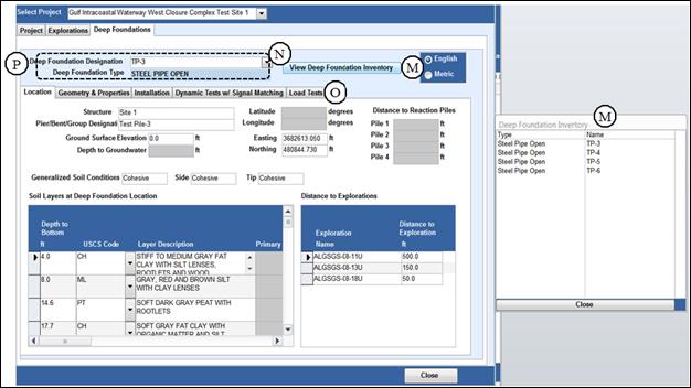 Figure 16. Deep Foundations tab within View Details. This figure shows the Deep Foundations tab for a selected project. At the top right, item M points to the View Deep Foundations Inventory button. To the right of the image, a list of deep foundations associated with the project is also labeled item M. Item N points to the Deep Foundation Designation dropdown menu. Item O points to the subtabs in this window, including Location, Geometry & Properties, Installation, Dynamic Tests w/ Signal Matching, and Load Tests. The Location subtab is currently displayed. Item P, at the top left, points to fields enclosed within dashed lines that include Deep Foundation Designation and Deep Foundation Type. The fields enclosed within dashed lines are used in the Text Search discussed in Section 4.1.6.