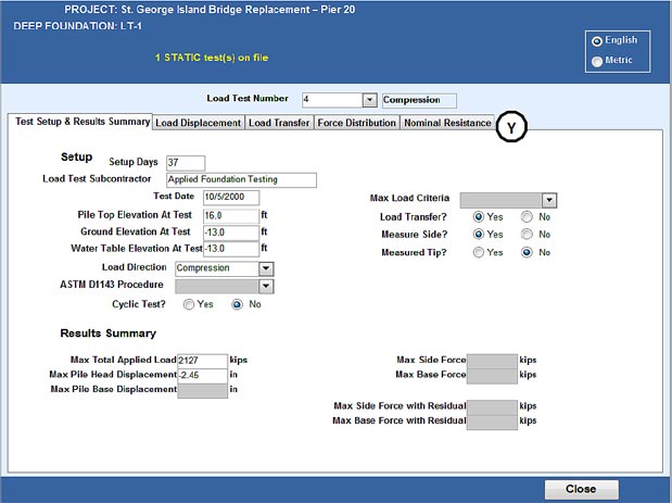 Figure 20. Load Test Results within Load Test tab. Static Load Test. This image shows the Test Setup & Results Summary tab within the Load Tests results. Item Y points to the available subtabs: Test Setup & Results Summary, Load Displacement, Load Transfer, Force Distribution, and Nominal Resistance. The displayed tab, Test Setup & Results Summary, contains fields specifying the Setup (e.g., date, elevation information, load criteria, etc.), and the Results Summary (e.g., side and base force, head and base displacement data).