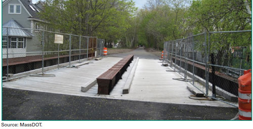 Figure 10. Photo. Clipper City Rail Trail bridge deck replacement. The figure is a photo of the Clipper City Rail Trail over Merrimac Street in Newburyport, MA. The photo is taken from the top of the bridge, showing the hardwood decking that was installed as a riding surface. The deck consists of transverse wood panels. A steel beam structure is placed in the middle of the deck, dividing the trail traffic. On each side of this steel beam, a pair of small timber beams is placed on each side along the deck. The trail bridge is protected by steel fences.